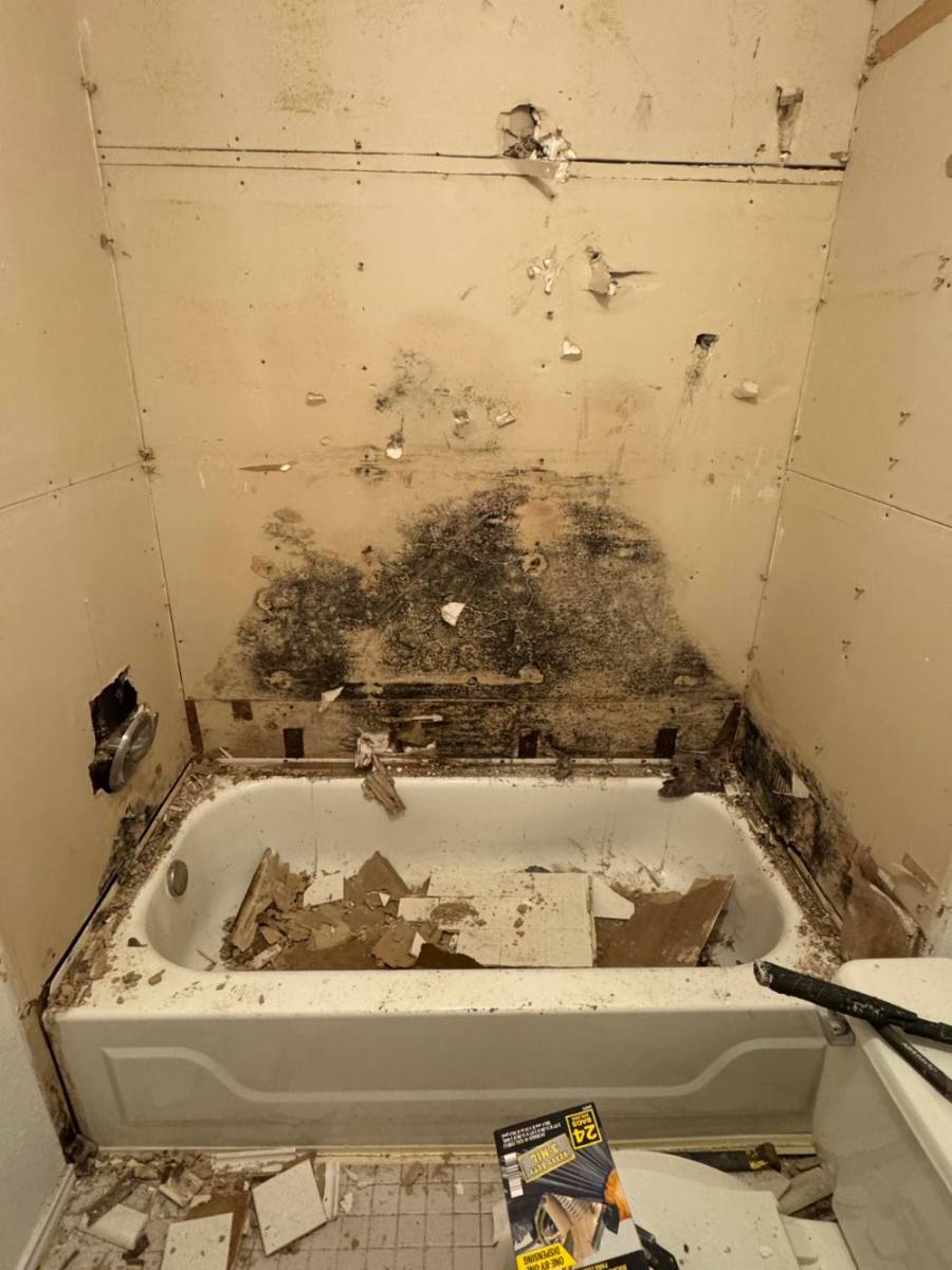 Bathroom with water damage behind a removed tub surround
